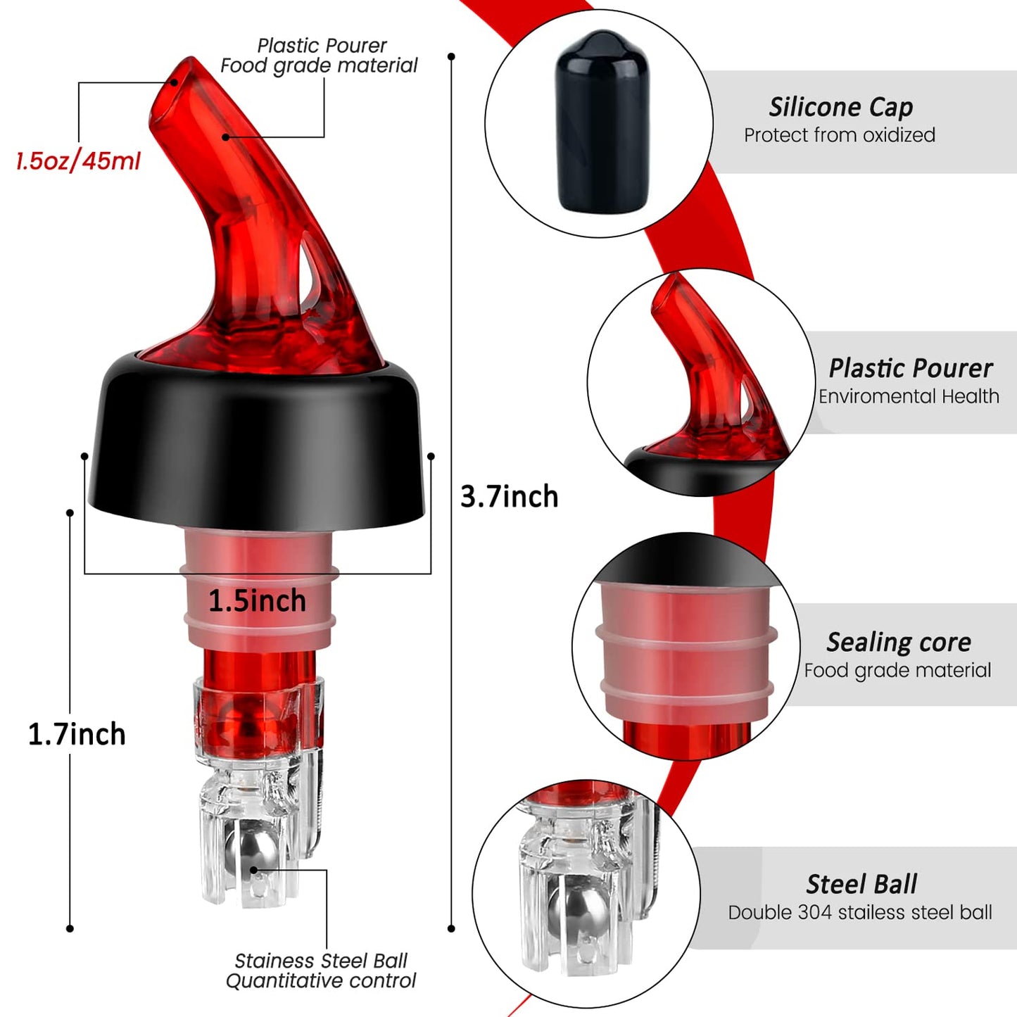 NFFIBDH Automatic Measured Bottle Pourer - Quick Shot Spirit Liquor Pour Spouts with Dust Caps for Wine Cocktail Beverages - Ideal Home Bar Tools 1.5 oz / 45ml (Red, 12 Pack)