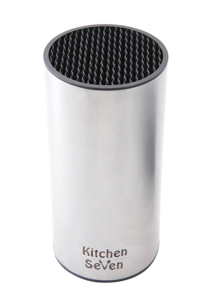 Kitchen Seven Universal Knife Block - Stainless Steel Kitchen Knife Holder Without Knives - Round Space -Saver Knife Storage Stand safely stores knives while keeping blades clean and sharp