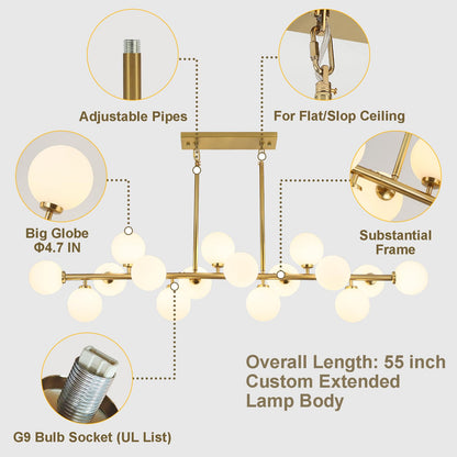 APLampara Mid Century Modern Chandelier 55in Linear Chandeliers 16-Light Brass Gold Pendant Lighting Fixture for Dining Room, Kitchen Island