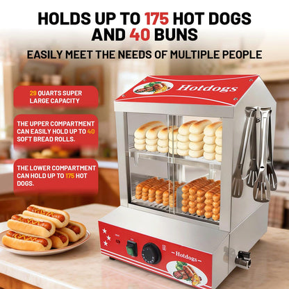 Sovtekr 29 QT Hot Dog Steamer with Bun Warmer - Electric Steaming Machine 2-Tier Capacity for 175 Hot Dogs & 40 Buns, Visible Glass Slide Doors for Commercial Home Use