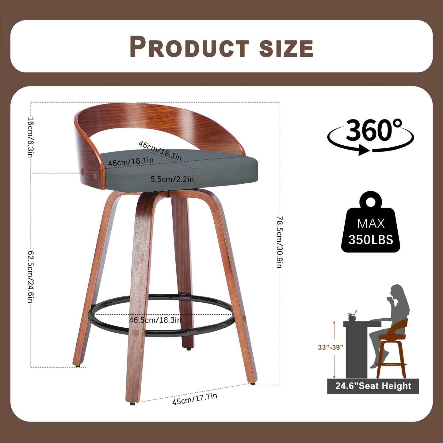 Phent zari Swivel Bar Stools, Mid Century Modern Bar Chairs Island Stools for Kitchen Counter, 25" Upholstered Faux Leather Counter Height Barstools with Walnut Back & Bentwood Legs (4, Grey)
