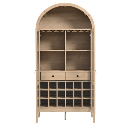 Modway Nolan Modern Farmhouse Arched Bar Cabinet in Light Oak Wood Grain - 72 Inch Tall Wine Storage Cabinet with Glass Doors and Wine Rack - Large Liquor Cabinet for Dining or Living Room