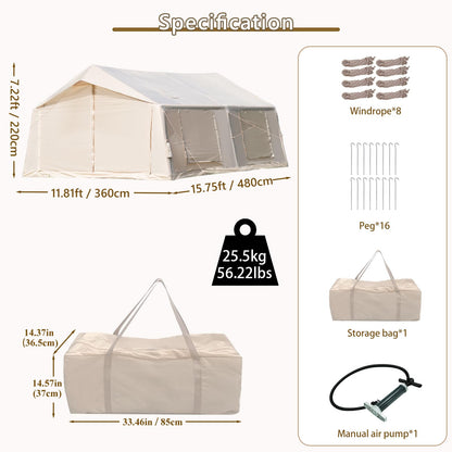 WaldZimmer 17sq Beige Inflatable Camping Tent with Hand Pump Easy Setup Waterproof Windproof Outdoor Blow up Tent 8-12 Person Oxford 4 Season Glamping Air Tents Cabin House with Mesh Windows & Door