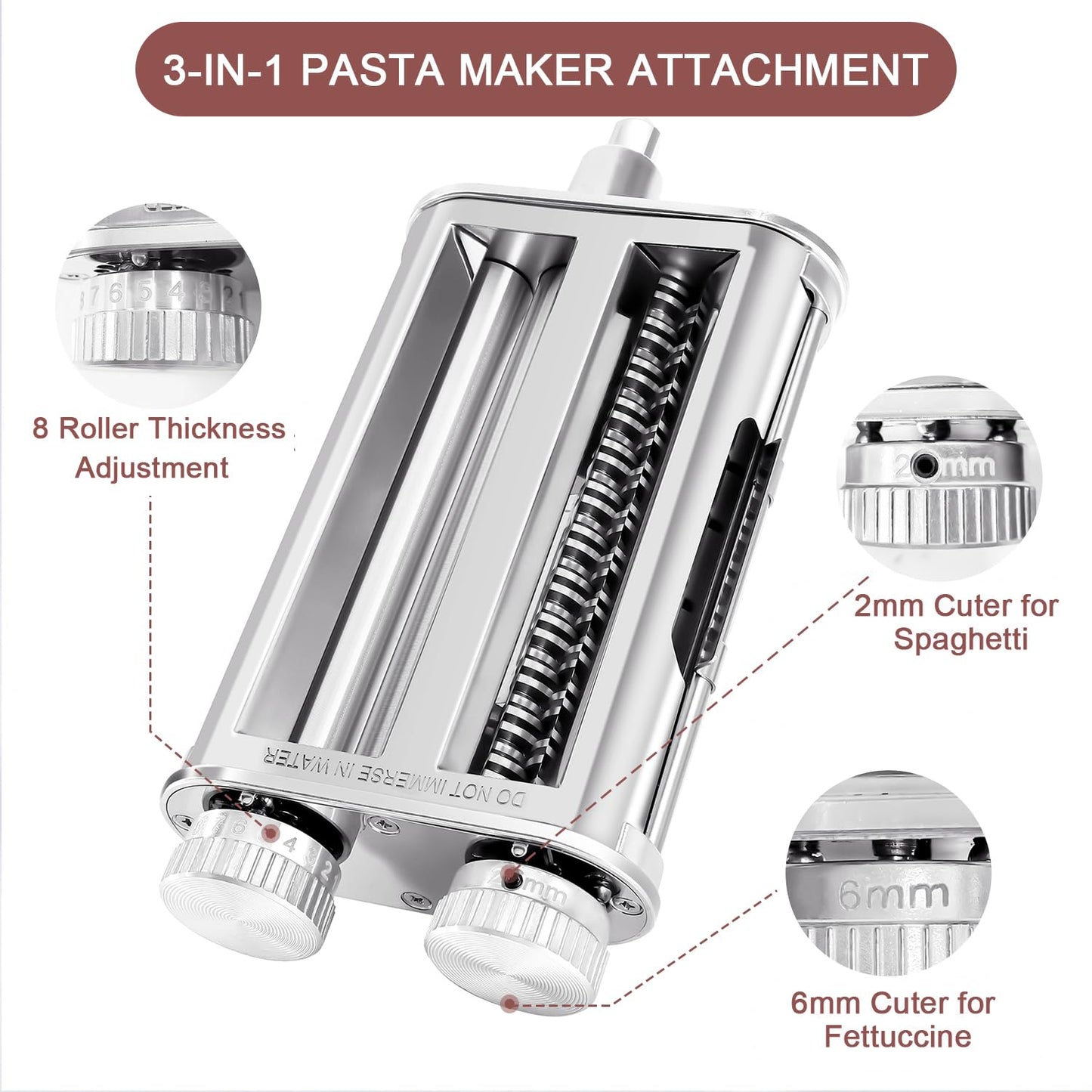 Pasta Maker Attachment for KitchenAid Stand Mixers, 3-in-1 Pasta Roller & Cutter Set with Spaghetti and Fettuccine Cutter Blades, Adjustable 8 Thickness Settings, Durable Metal Construction