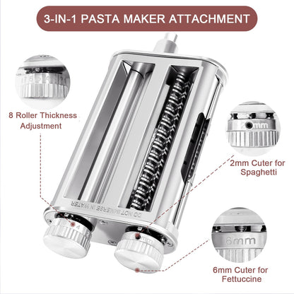 Pasta Maker Attachment for KitchenAid Stand Mixers, 3-in-1 Pasta Roller & Cutter Set with Spaghetti and Fettuccine Cutter Blades, Adjustable 8 Thickness Settings, Durable Metal Construction
