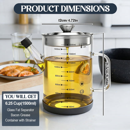 Didaey 6.25 Cups / 1.5L Glass Fat Separator Bacon Oil Container with Strainer 50 oz Separator for Kitchen Cooking Grease Strainer Frying Oil Storage Can Transparent Silicone Bottom and Stopper