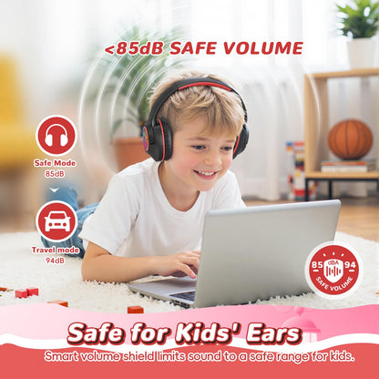 Kids Bluetooth Headphones, 85H Playtime Wireless Headphones for Kids, Colorful LED Lights, 85/94dB Safe Volume Limit, Bluetooth 5.4 Built-in Mic Toddler Headset for Tablet/Airplane/Travel (Black）