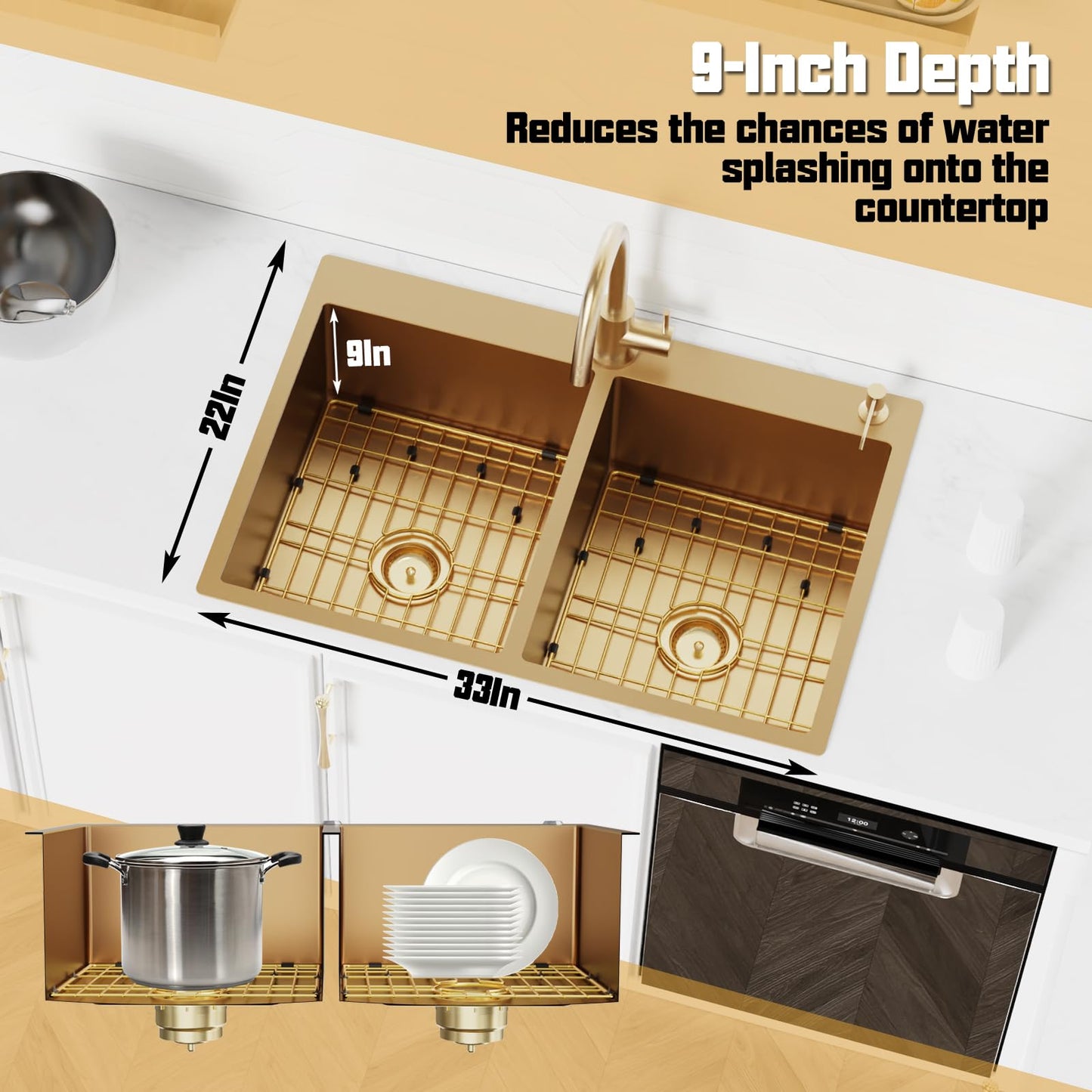 Gold 50/50 Double Bowl Kitchen Sink, 33"x 22" Stainless Steel Drop In Kitchen Sink Gold Topmount Sink With Gold-tone Accessories-Rack,Grid And Drain Assembly Add Luxurious Look For Modern Kitchen