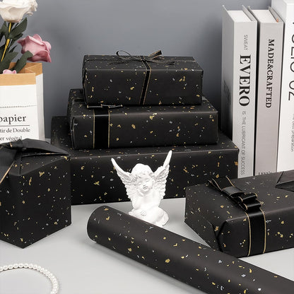 Black Wrapping Paper Roll - 17Inch×33Feet, Black and Gold Foil Wrapping Paper, Matte Kraft Gift Wrap Paper with Silver and Gold Foil Flake for Birthday Wedding Baby Shower Christmas Holiday All Occasions
