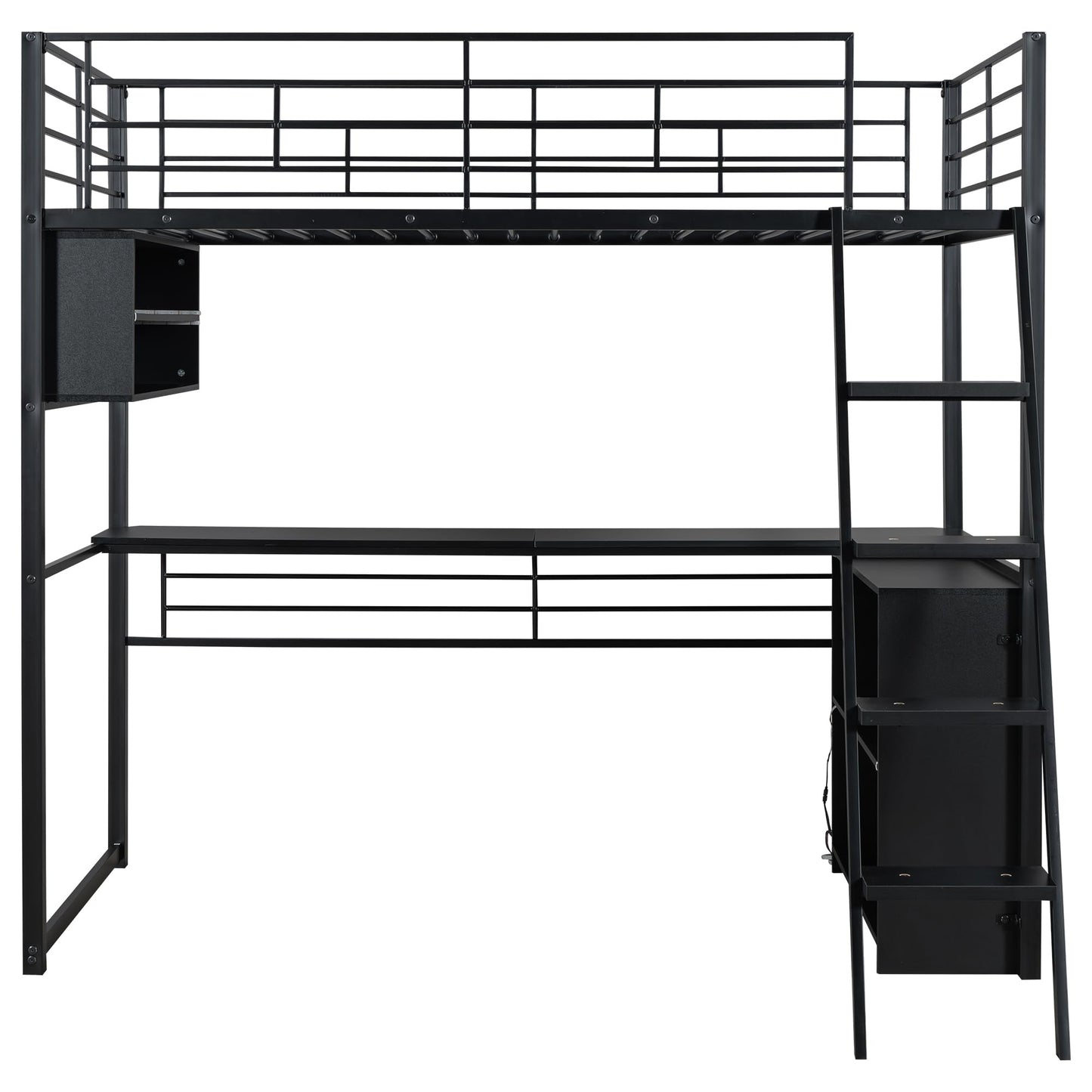 Metal Twin Size Loft Bed with Desk and LED Light,Heavy Duty Loft Bed Frame with Storage Shelves and Inclined Ladder for Kids,Adults,Twin Size,Black