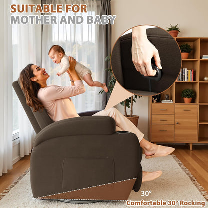 Flamaker Swivel Rocker Recliner Chair with Vibration Massage, 360° Swivel Recliner Chairs for Adults Ergonomic Lounge Chair with Cup Holders Lazy Boy Recliner Single Sofa Seat (Fabric, Brown)