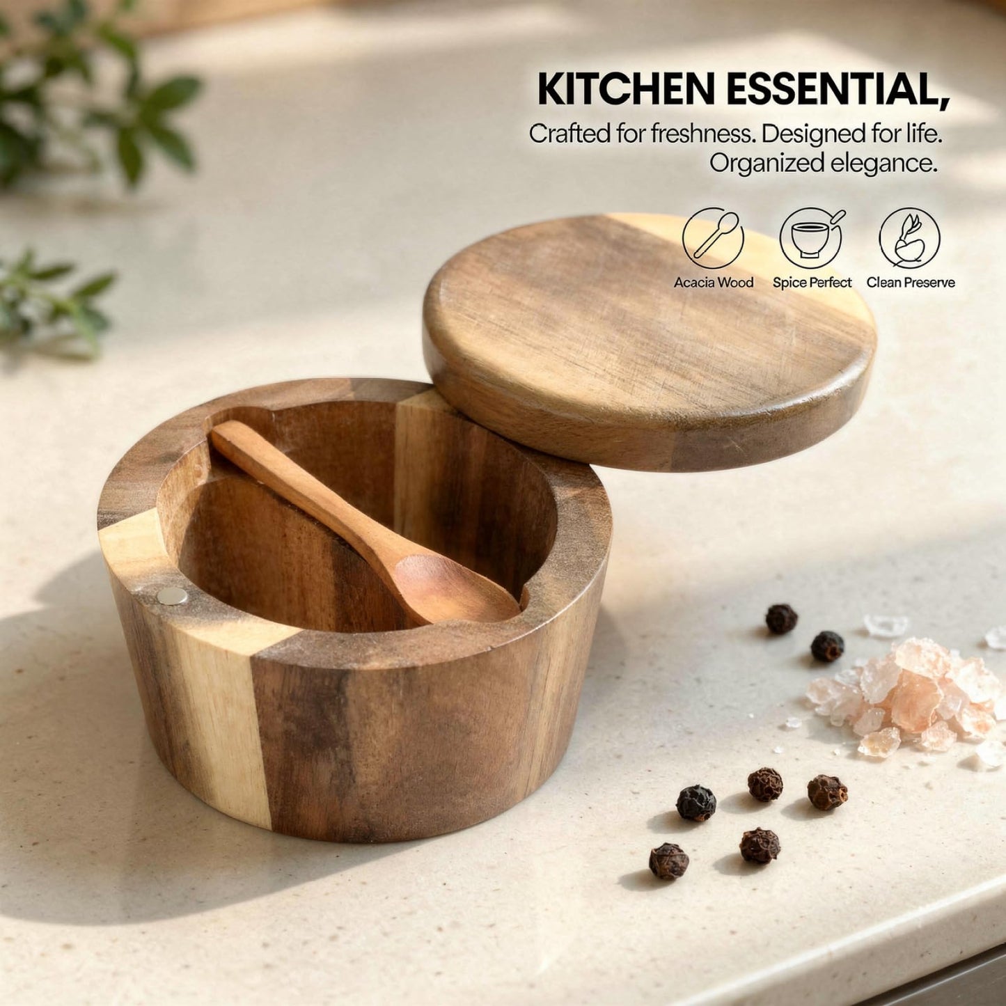 ZALIR 2 Pcs Acacia Wood Salt Cellars, Built-in Spoons, Secure-Clasp Lids, Single & Double Compartment Spice Containers, Dustproof Moisture-proof Seasoning Storage for Kitchen, 3.54 x 3.54 x 2.76 in