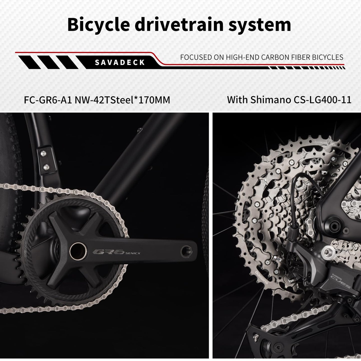 SAVADECK Carbon Gravel Bike - T800 Carbon Frame & Fork | Shimano U6000 11-Speed Groupset | Hydraulic Disc Brakes | 700CX40mm All-Terrain Tires | Men & Women Road/Off-Road Bicycle (Black, 51cm)