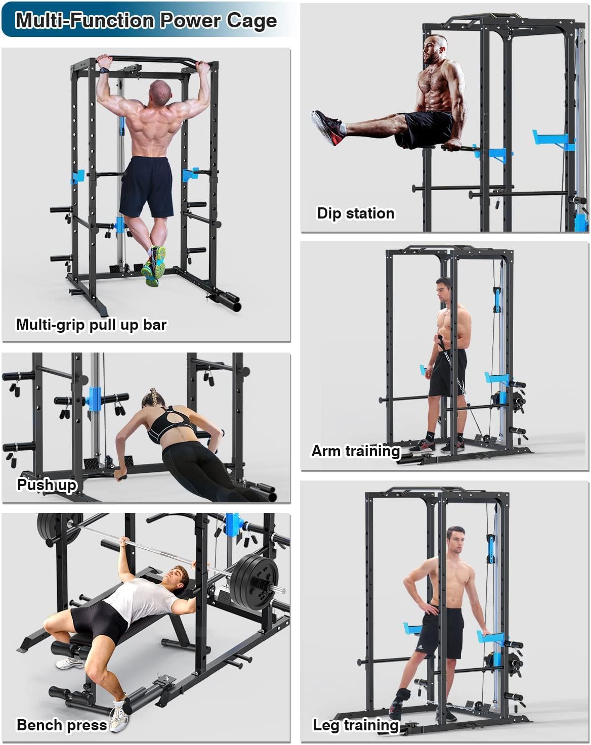 ULTRA FUEGO Power Cage, Multi-Functional Power Rack with J-Hooks, Dip Handles, Landmine Attachment and Optional Cable Pulley System for Home Gym
