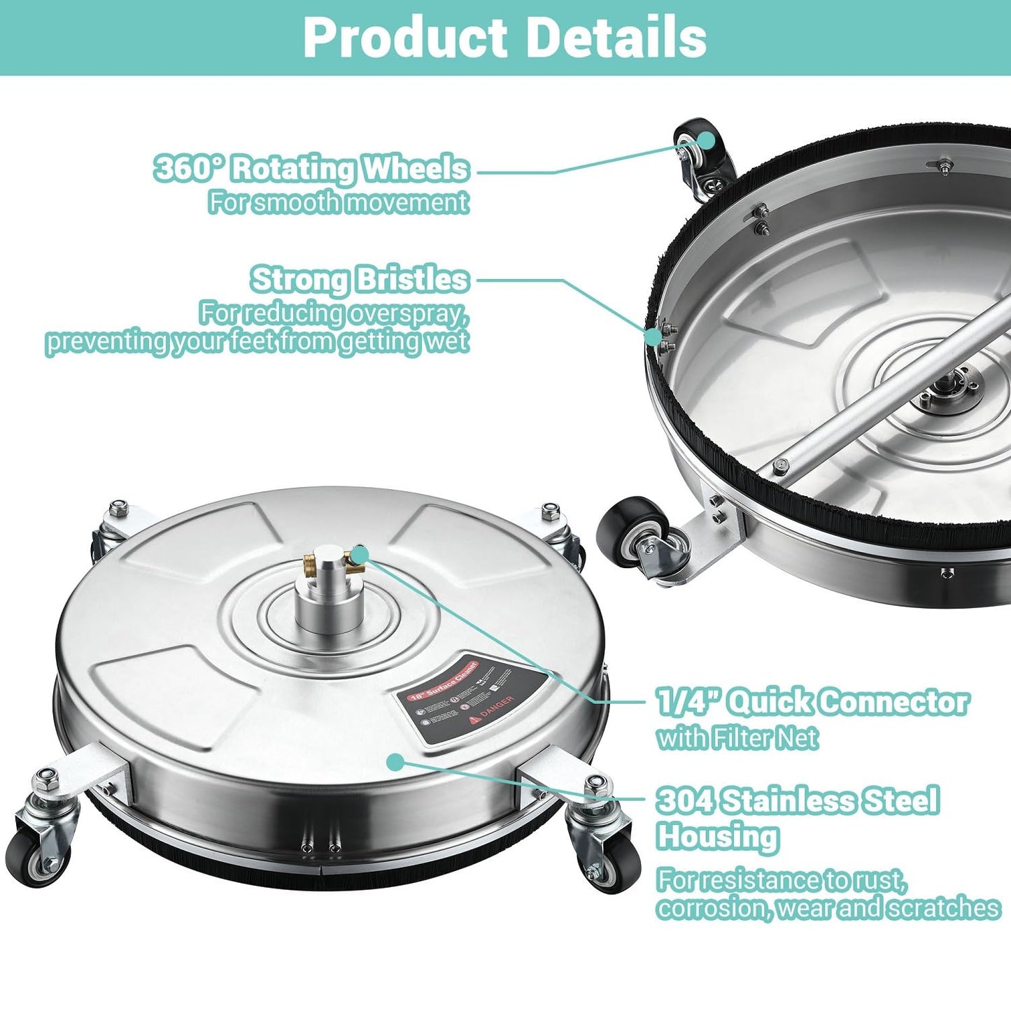 TRELVEX Pressure Washer Surface Cleaner with 4 Wheels 4000 PSI Stainless Steel Housing 1.8 to 3.7 GPM Water Flow Pressure Washer Attachment 1/4" Quick Connector for Patios, Driveways (18")