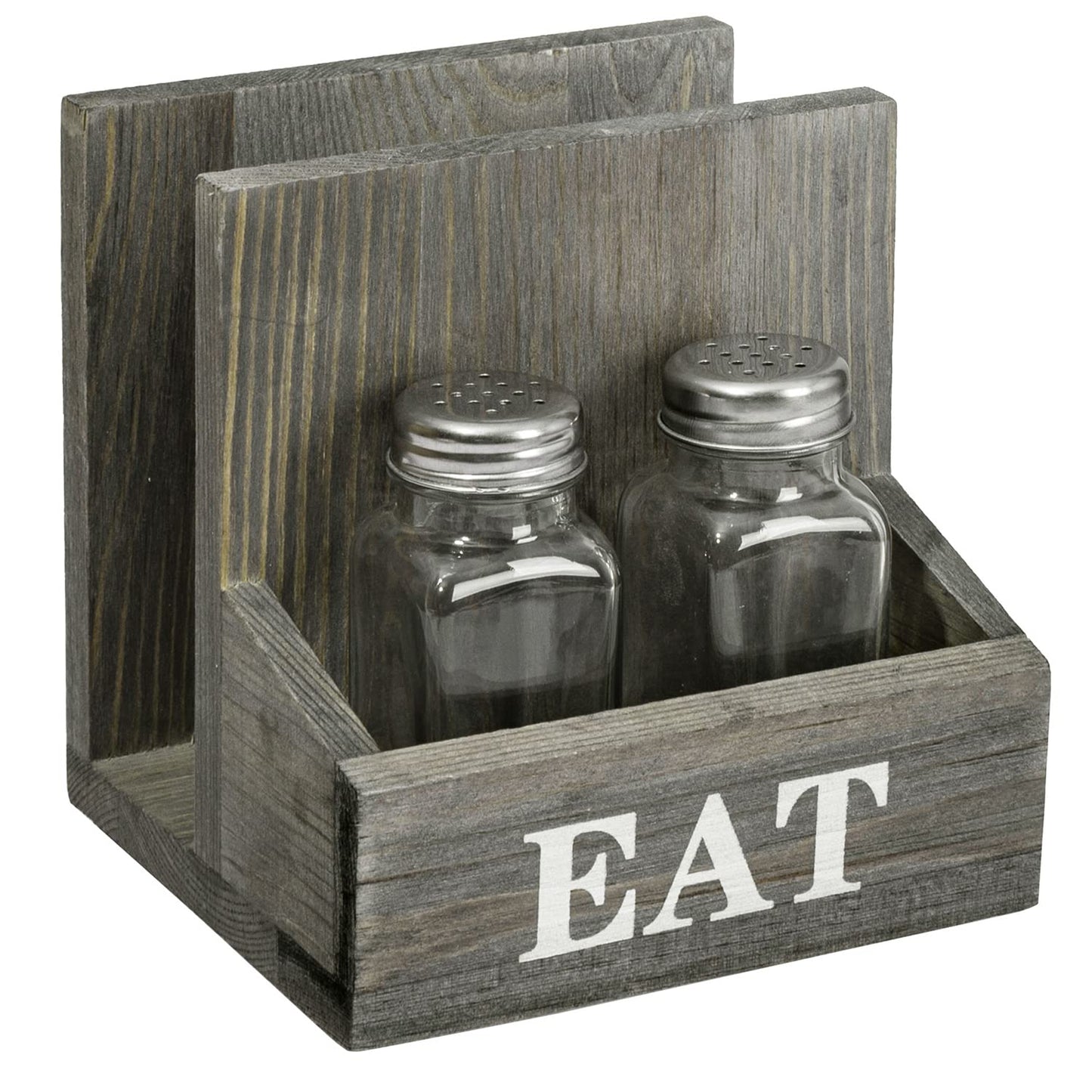 MyGift Napkin Holder with Salt and Pepper Shakers, Vintage Gray Solid Wood Table Napkin Holder, 2 Compartment Salt and Pepper Holder and Condiment Server with White EAT Label
