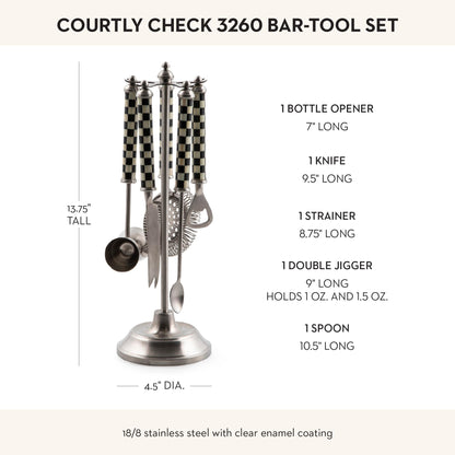 MACKENZIE-CHILDS 3260 Bar-Tool Set, 5-Piece Set with Stainless-Steel Jigger, Strainer, Bottle Opener, Mixing Spoon, Knife, and Stand, Black-and-White Courtly Check