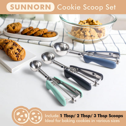 SUNNORN Cookie Scoop set, Cookie Scoops for Baking Set of 3, Size #60/ #40/ #20, Cookie Dough Scoop, Non-Slip Grip, Blue/Black/Mint Handle, For Cookies Muffin Cupcake Meatball Ice Cream