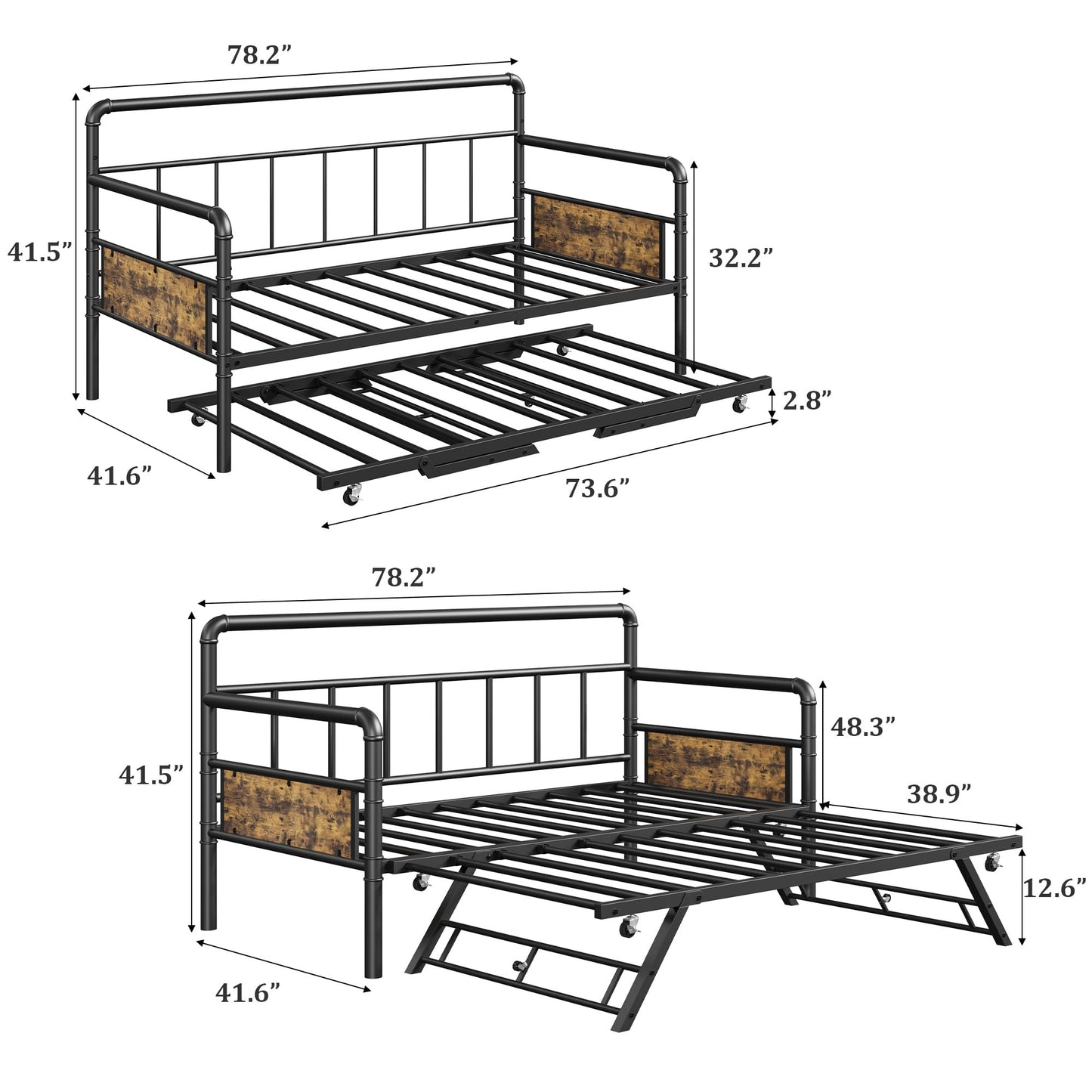 IDEALHOUSE Twin Daybed and Foldable Metal Trundle Bed, Metal Twin Bed Frame Heavy Duty Steel Slats Support,Sofa BedFrame for Living Room, Guest Room,Noise Free, Black