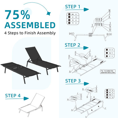 AECOJOY Patio Lounge Chairs for Outside, Adjustable Outdoor Chaise Lounge with Wheels and Adjustable 5-Position Recliner for Pool, Beach, Backyard, Deck, Lawn, Black, 4PCS