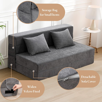 HOMFINE Folding Sofa Bed - Convertible Sleeper Chair with Pillow, Fold Out Couch, Memory Foam Floor Mattress, Futon Couch, Lazy Sofa for Living Room/Dorm/Guest Room/Home Office, Grey, Queen Size