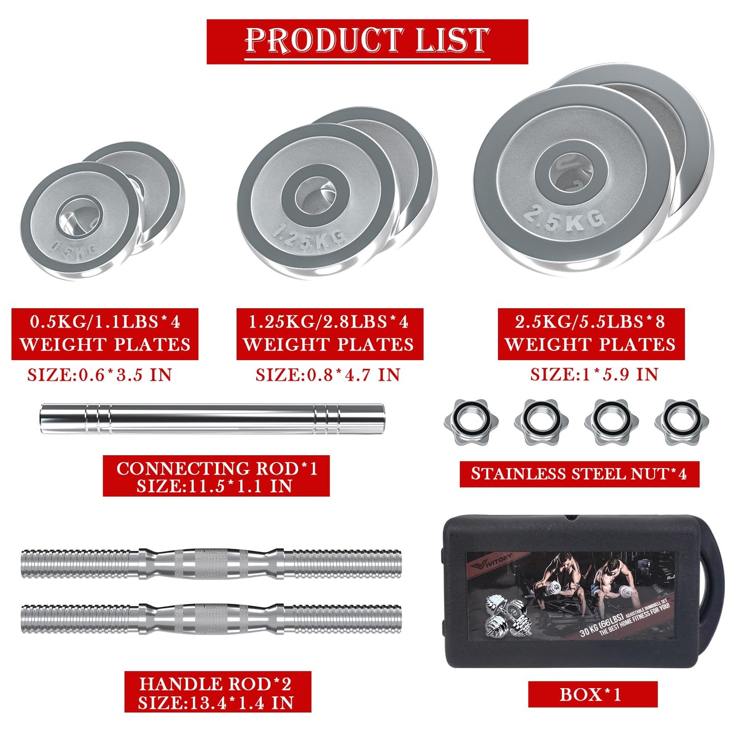 VIVITORY Fitness Dumbbells Set, Adjustable Weight Sets up to 11/22/44/66/110 lbs, with Metal Connecting Rod Used As Barbell, Chromed Weights, Hardcover Gift Box, Home Gym Work Out Training Equipment