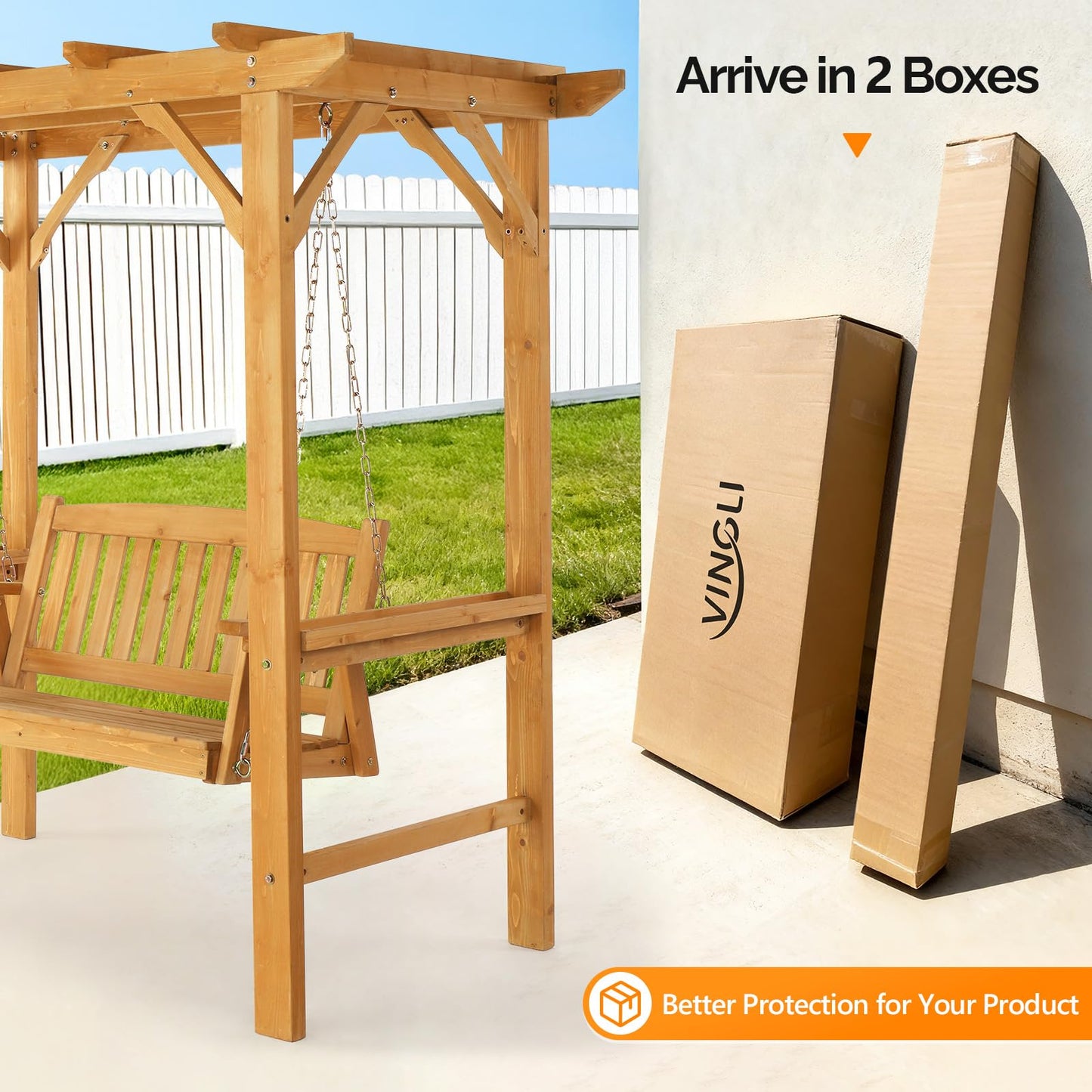 VINGLI 4 FT Heavy Duty Wooden Porch Swing with Stand, Waterproof Patio Swing with Archway-Shaped Swing Set, Outdoor Swing Chair with Frame for Garden, Yard and Patio