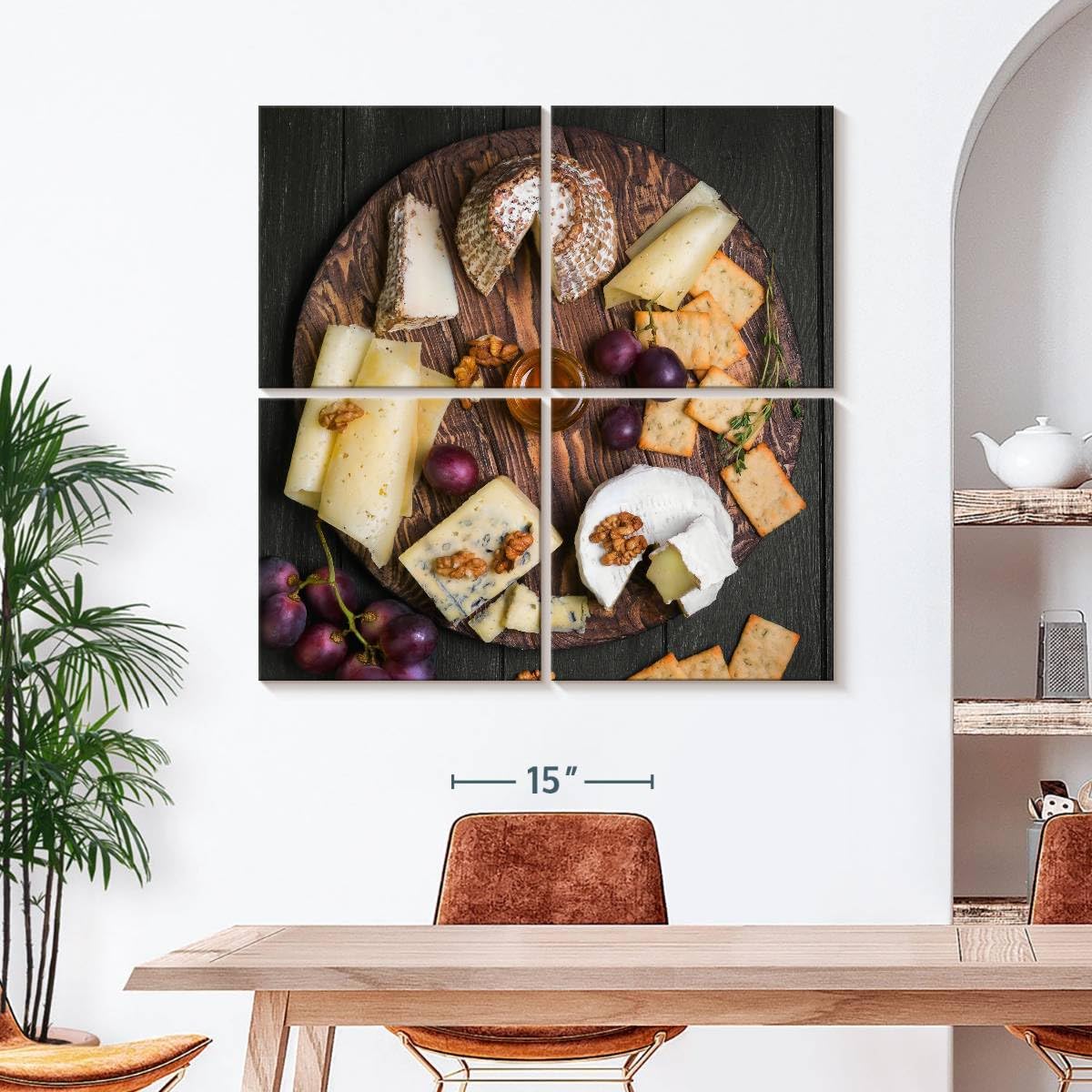 ElephantStock - Cheese Charcuterie Board Wall Art - Square Multi Panel Canvas - 4 Piece Dining Room Wall Decor - Photography Food And Drink Multi Piece Wall Art - Gray And Brown Decor - 45" x 45"