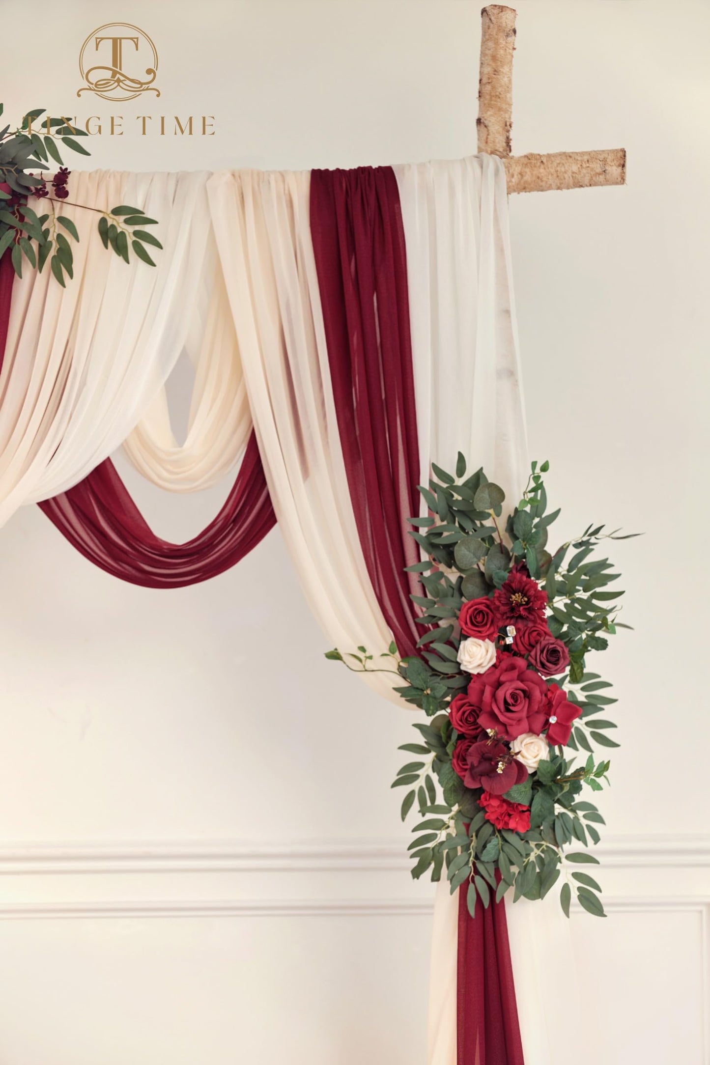TINGE TIME Wedding Arch Flowers Kit - Deluxe 5pcs Artificial Floral Swag with 3 Sheer Drapes, Realistic Silk Flower Arrangements for Wedding Ceremony Arbor Backdrop Reception Party Home Decor