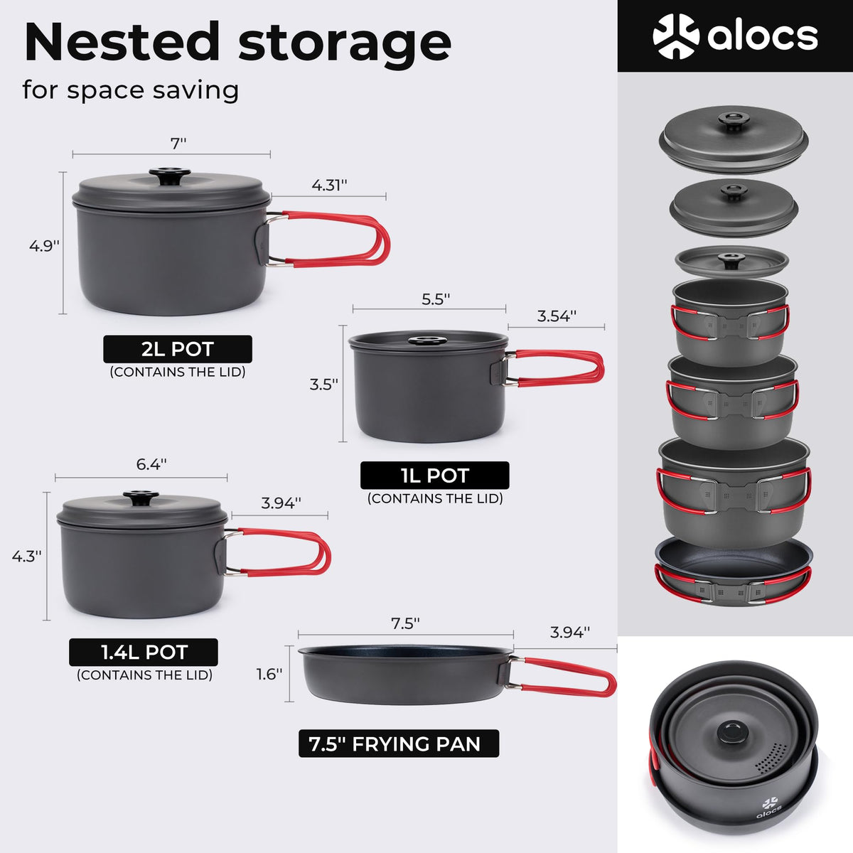 Alocs Camping Cookware, Aluminum Camping Cooking Set Camp Kitchen, Portable Camping Pots and Pans Set Essentials Mess Kit for Backpacking, Outdoor Cooking and Picnic