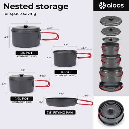 Alocs Camping Cookware, Aluminum Camping Cooking Set Camp Kitchen, Portable Camping Pots and Pans Set Essentials Mess Kit for Backpacking, Outdoor Cooking and Picnic
