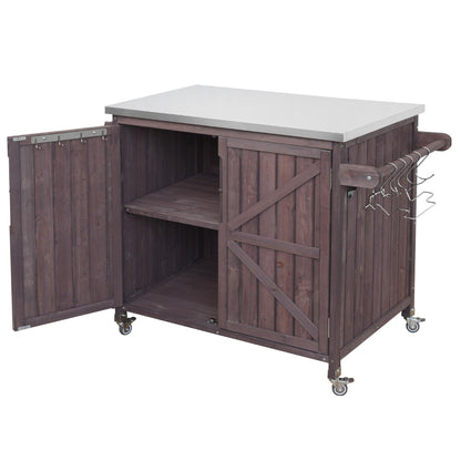 Merax Farmhouse 42." Grill Cart with Stainless Steel Top & Side Shelf, Outdoor Grill Station w/Adjustable Shelf & Lockable Wheels, Modular Kitchen Island for Food Prep & BBQ, Dark Brown