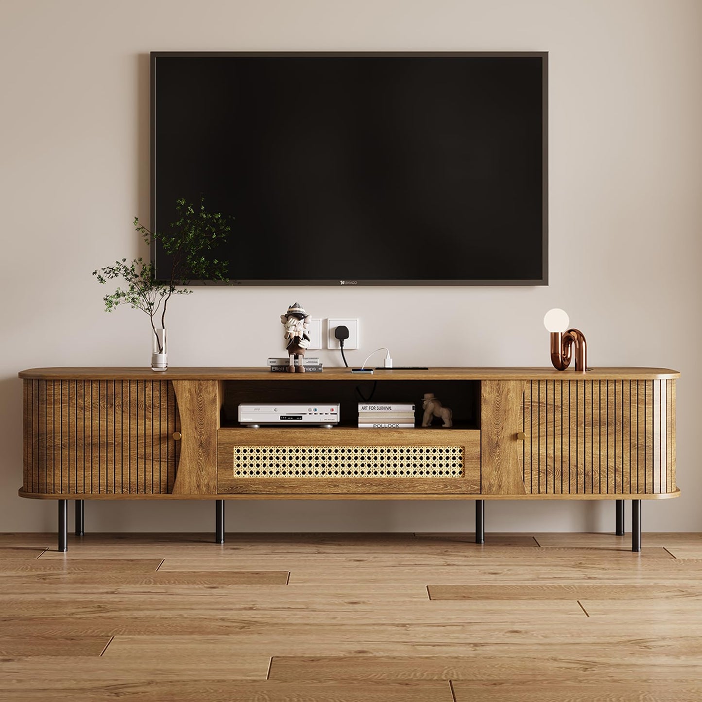 basenji Fully Assembled 71" Mid Century Modern TV Stand with Power Outlet and Sliding Doors, Rattan Entertainment Center with Storage, Wood Media Console,TV Consoles for Living Room,Walnut