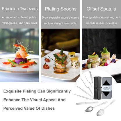 Chef Plating Tools,Professional Culinary Plating Tool Set,Chef Garnish Tools Kit,Fish Tweezers,Pastry Spatula,Cake Decorating Tweezers for Molecular Gastronomy (Silver)