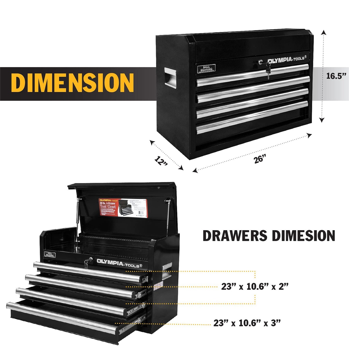 Olympia Tools 26-Inch 4-Drawer Portable Tool Chest, Metal Storage Organizer Box, Black - Work Toolbox for Home Garage and Workshop with Locking Lid and Ball Bearing Slides