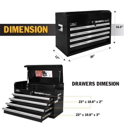 Olympia Tools 26-Inch 4-Drawer Portable Tool Chest, Metal Storage Organizer Box, Black - Work Toolbox for Home Garage and Workshop with Locking Lid and Ball Bearing Slides