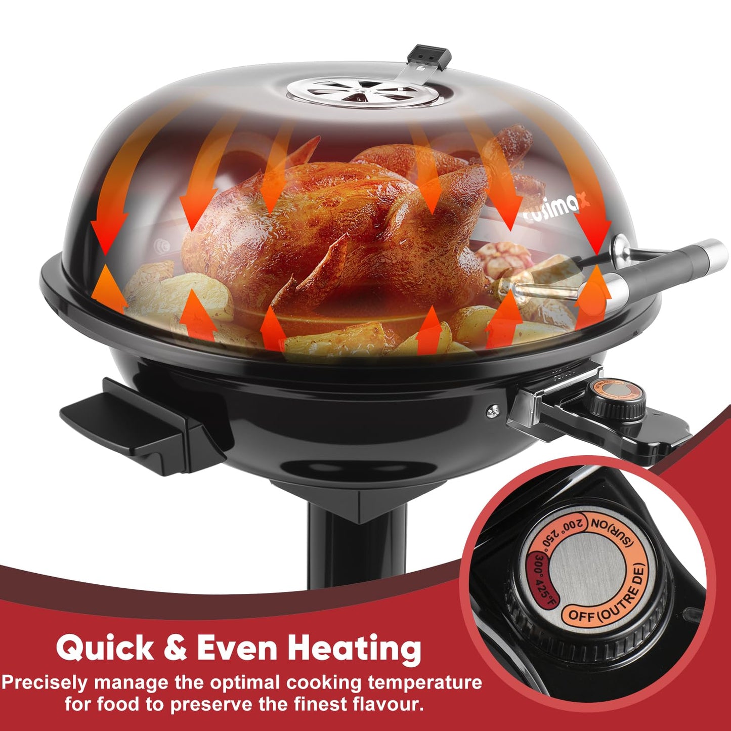 Electric Grill Outdoor, CUSIMAX Electric BBQ Grill, 1600W Portable BBQ with Lid for Cookouts, BBQ Gatherings, Small Spaces, Adjustable Heat, Removable Stand Grill, Oil Collector