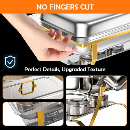 ALSO GO Chafing Dishes for Buffet, Rectangular Chafing Dish Set with 4 Serving Tongs, 9QT 4 Pack Gold Chafing Dishes for Buffet, Party, Gatherings, Banquets, Weddings