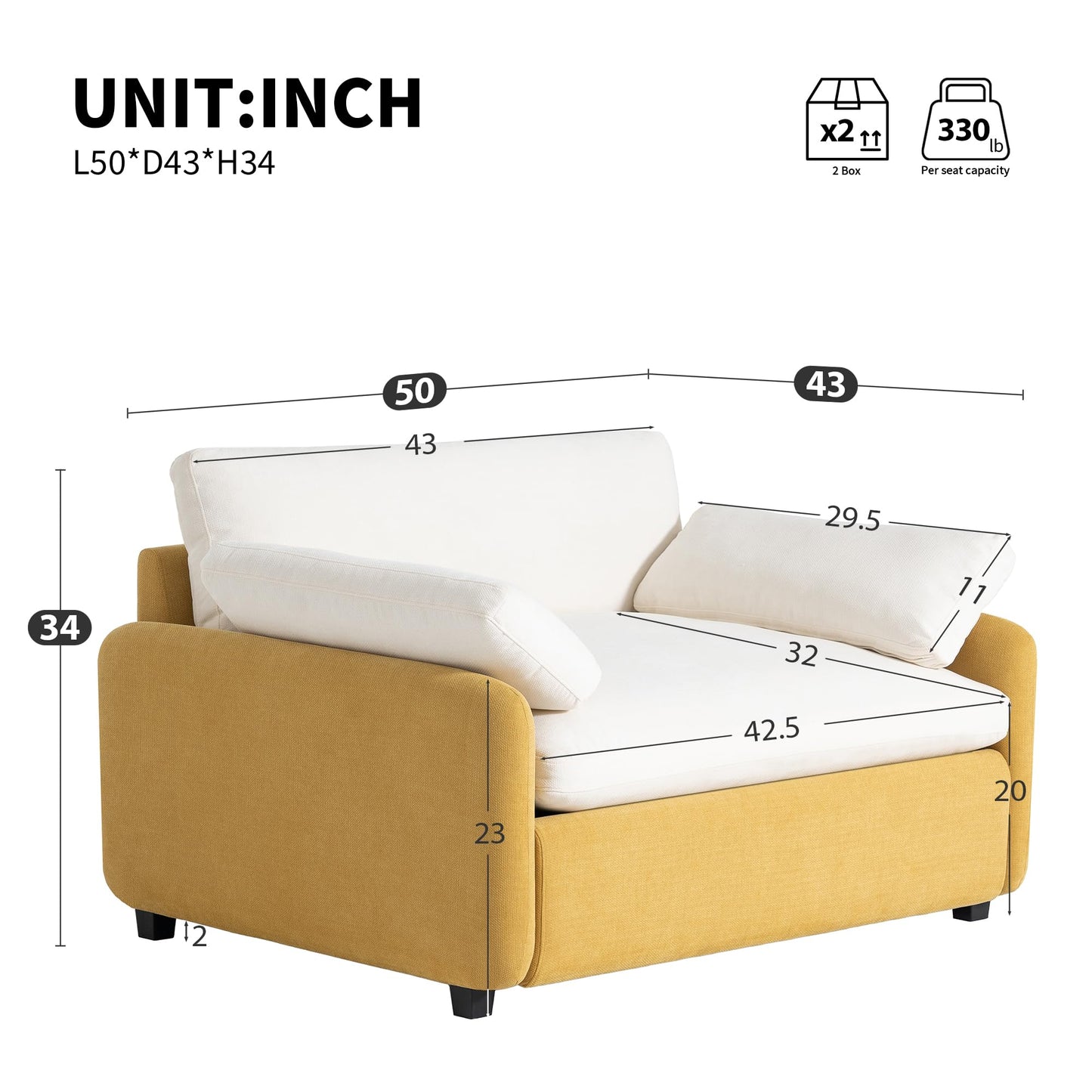GDFStudio 50" Oversized Accent Chair, Modern Chenille Upholstered Armchair with 2 Pillows & Solid Frame, Deep Wide Seat Cloud Comfy Single Sofa Reading Chair for Living Room Apartment, Yellow+Cream