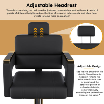 KEIKI Luxury Hydraulic Barber Chair, 160° Reclining Salon Chair w/Adjustable Height & 360° Swivel, Heavy Duty Styling Chair w/Gold Base, PU Leather Cushioned Barber Chair for Salon Spa, Black Gold