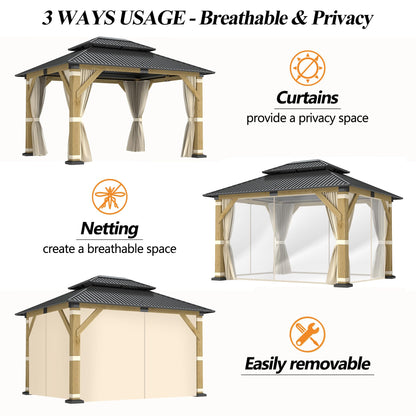 GARTOO 10' x 12' Outdoor Wooden Gazebo - Patio Hardtop Gazebo Permanent Wooden Pavilion with Galvanized Steel Double Roof, Wood Gazebos with Privacy Curtains and Netting for Garden, Lawn, Backyard