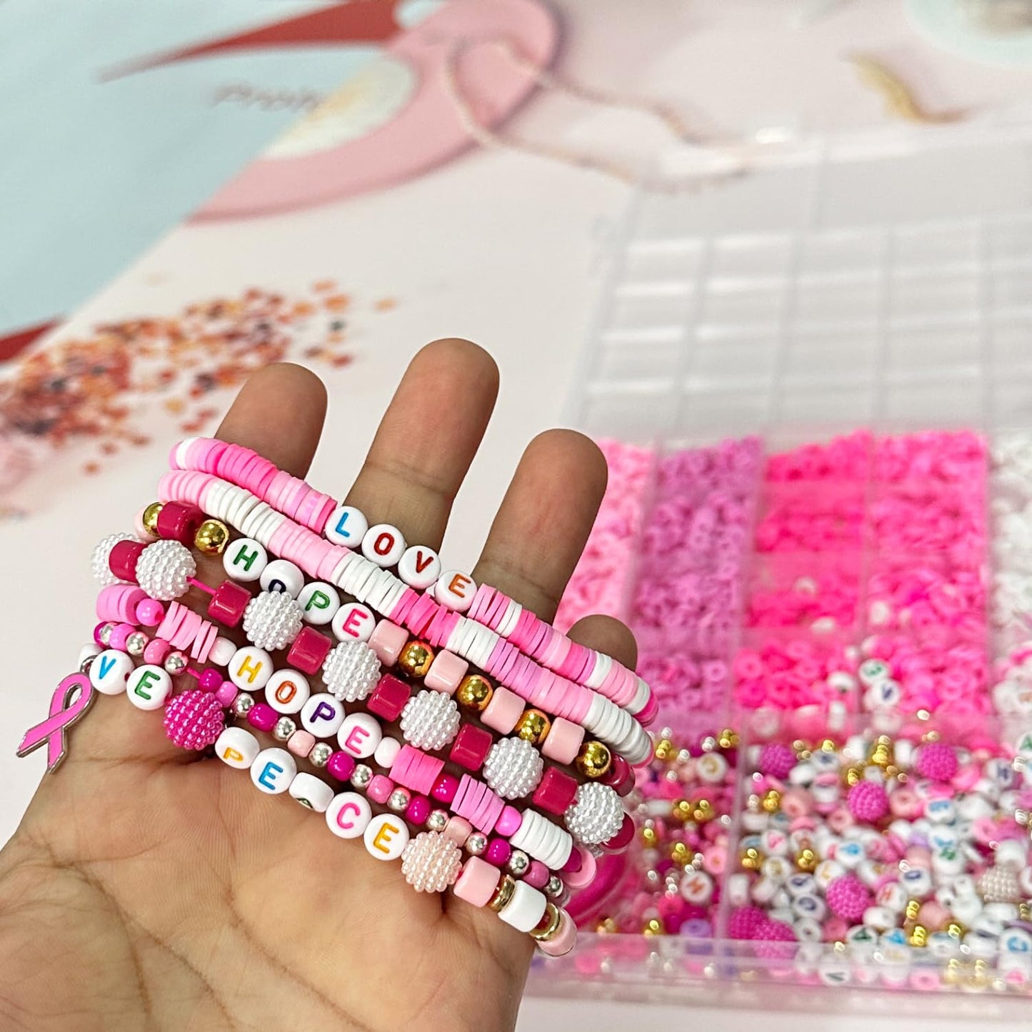 Pink Breast Cancer Awareness DIY Craft Clay Beads Kit - Pink Awareness Party Assorted Beads and Alphabet - Love Hope Peace Inspirational Bead Art DIY Craft Set, 1 Box