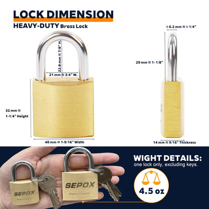 SEPOX® 3Pcs Pack Heavy-Duty Solid Brass Padlocks with Same Keys 4Pcs, Weather Proof Body 40mm 1-9/16", Anti-Rust & Anti-Cut Shackle, Outdoor Lock & Key, Keyed Alike for Gates, Shed, Fence, Gym Locker