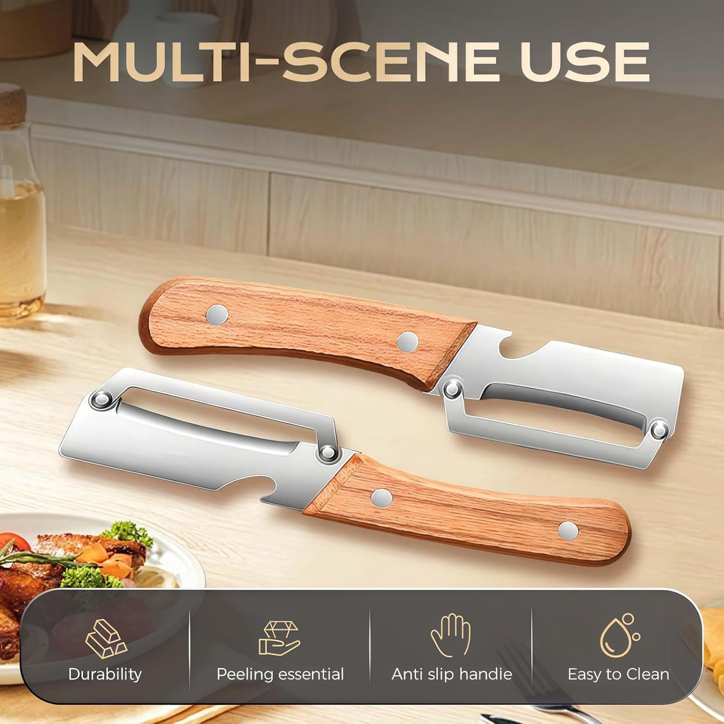2Pcs Multifunctional Vegetable Peeler for Kitchen, 2-in-1 Stainless Steel Vegetable Peeler with Wooden Handle and Bottle Opener, Stainless Steel Blade, Non-Slip Kitchen Vegetable and Fruit Peeler