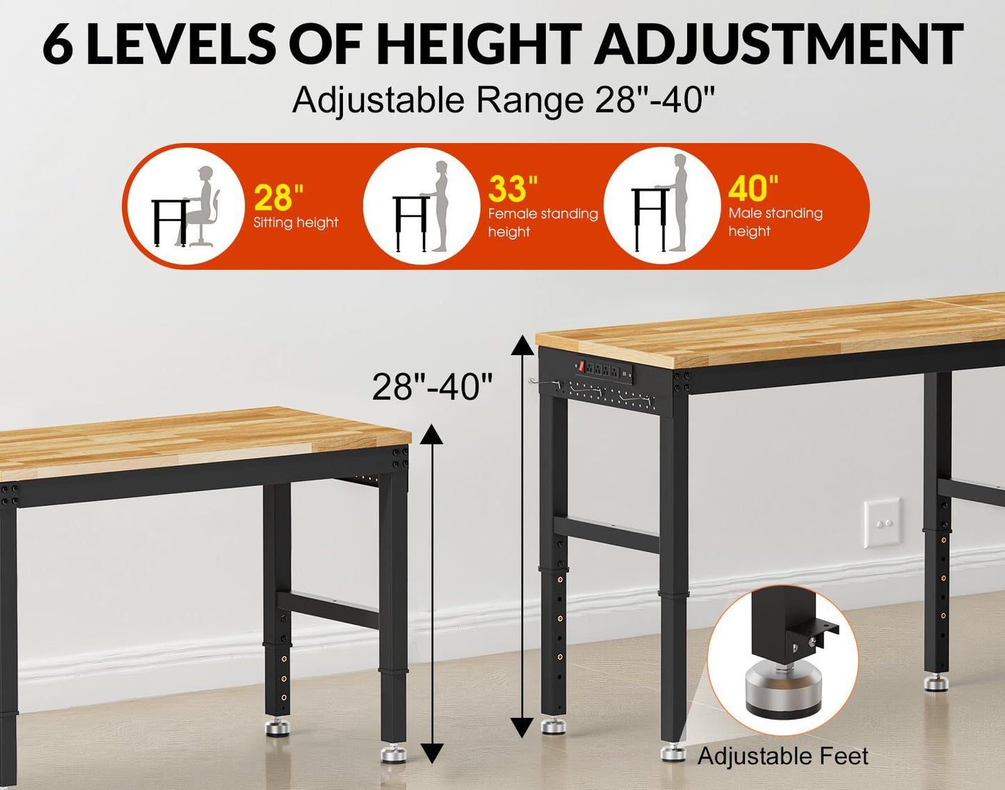 MUWOOD 84” Heavy Duty Work Bench, 2-Layer Adjustable Workbench, 5000 LBS Capacity Work Bench with Power Outlet & Pegboard, Rubber Wood Work Table for Garage, Workshop, Office, Home