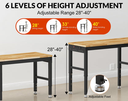 MUWOOD 84” Heavy Duty Work Bench, 2-Layer Adjustable Workbench, 5000 LBS Capacity Work Bench with Power Outlet & Pegboard, Rubber Wood Work Table for Garage, Workshop, Office, Home