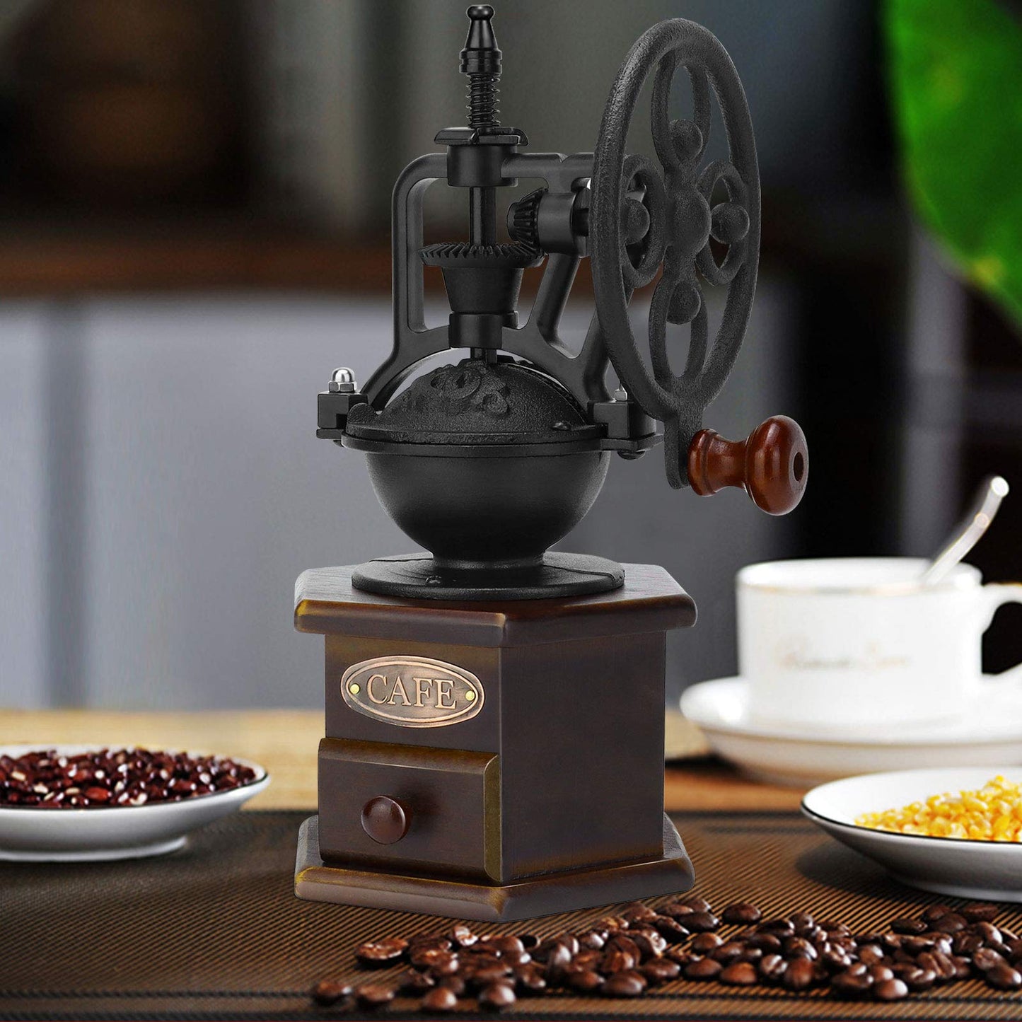 IMAVO Manual Coffee Grinder, Wooden Coffee Bean Grinder with Cast Iron Hand Crank, Antique Design, Perfect for Home,Rustic,Coffee Shop Decoration,Gift