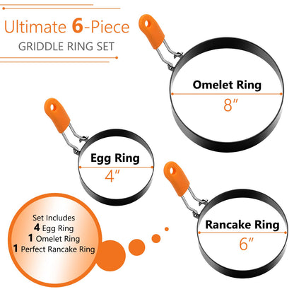 Patelai 6 Pcs Egg Ring Pancake Ring Set Stainless Steel Fried Egg Molds Griddle Pancake Shapers with Silicone Handle for Breakfast Omelette Sandwich (Round Style,4, 6, 8 Inch)
