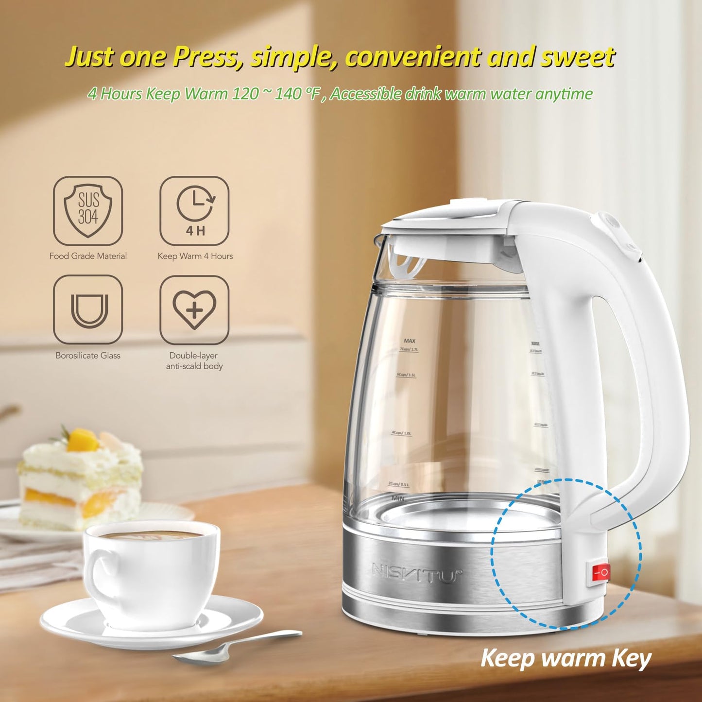 NISVITU 1.7L Dual Wall Cool Touch Electric Kettle, BPA-Free Borosilicate Glass Inner, PC Outer, 1500W Fast Boil Cordless Hot Water Boiler & Electric Tea Kettle, Keep Warm, Auto Shut-Off, White