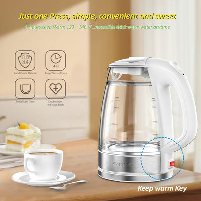 NISVITU 1.7L Dual Wall Cool Touch Electric Kettle, BPA-Free Borosilicate Glass Inner, PC Outer, 1500W Fast Boil Cordless Hot Water Boiler & Electric Tea Kettle, Keep Warm, Auto Shut-Off, White